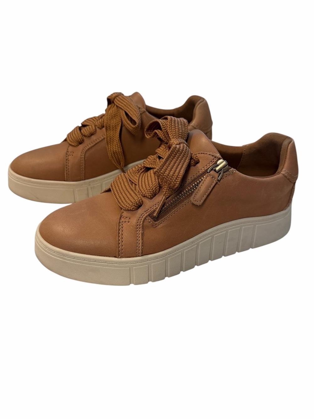 Clarks Mykah Joy Platform Sneaker Womens Sz 9M Tan Leather Zipper Lace Up Casual - Picture 2 of 10